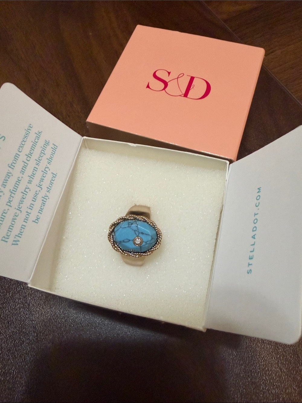 Stella & Dot Gold-Tone Ring with Turquoise Stone and Crystal (size 8)
